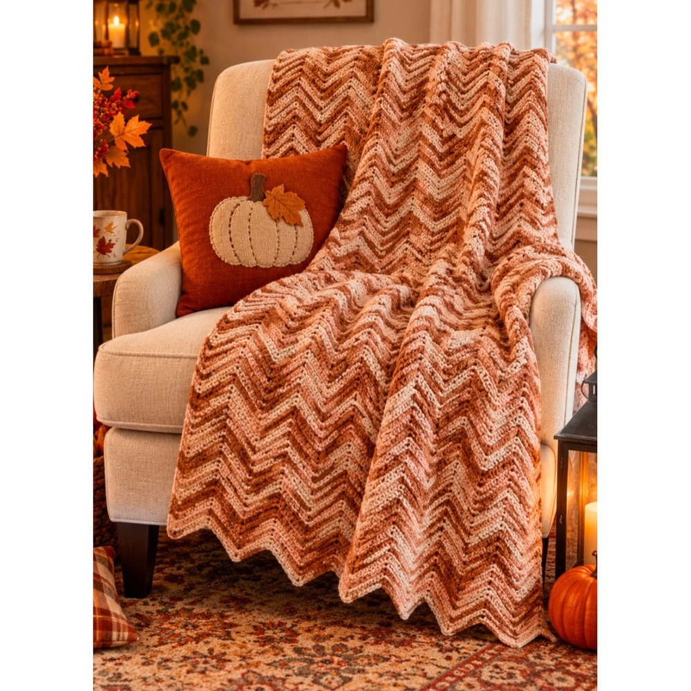 Vintage Handmade Crochet Chevron Ripple Afghan Throw Blanket Brown Tan 65x52